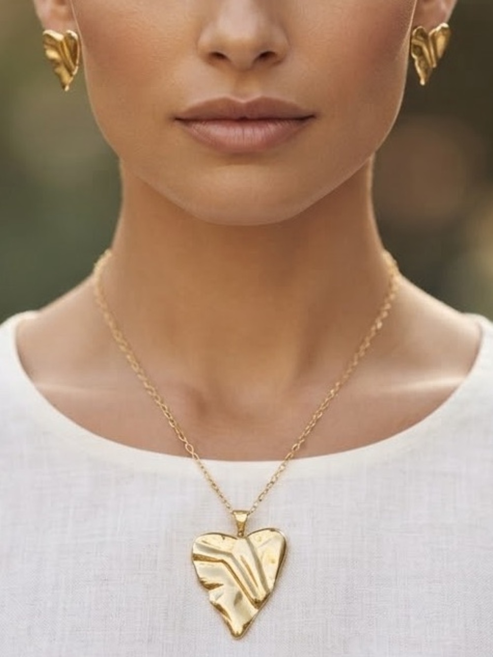 Gold Heart Pendant Necklace and Earrings Set-Stainless steel high quality